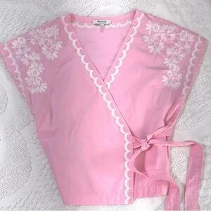Madewell Pink Cap Sleeve Embroidered Wrap Blouse